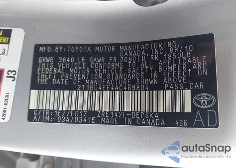 2010 Toyota Corolla S z USA, uszkodzony, nr VIN 2T1BU4EE4AC469804